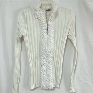 Women's Y2K Cream Ribbed Zip-Front Sweater with Faux Fur Sequin Trim